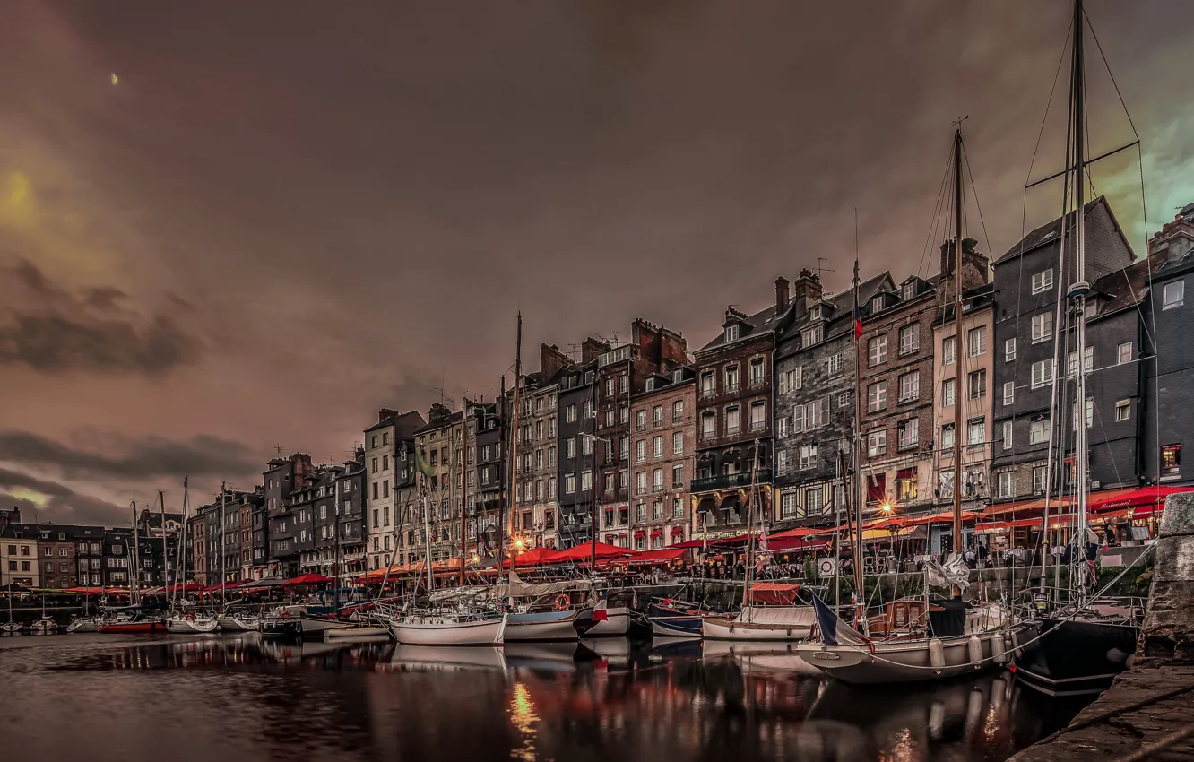 Photo wallpaper night, lights, France, home, boats, Normandy, the old harbour, Honfleur