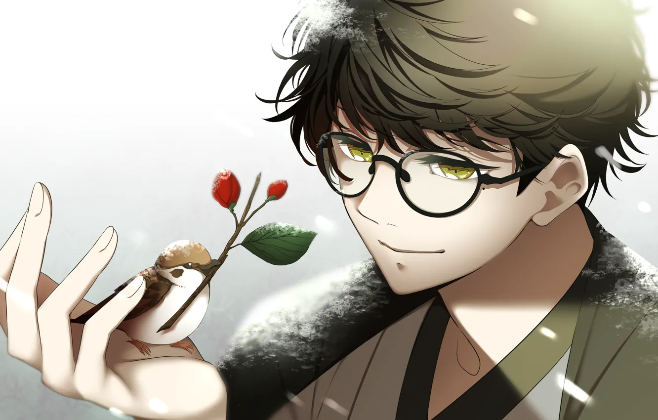 Photo wallpaper snow, Sparrow, guy, a twig with flowers\