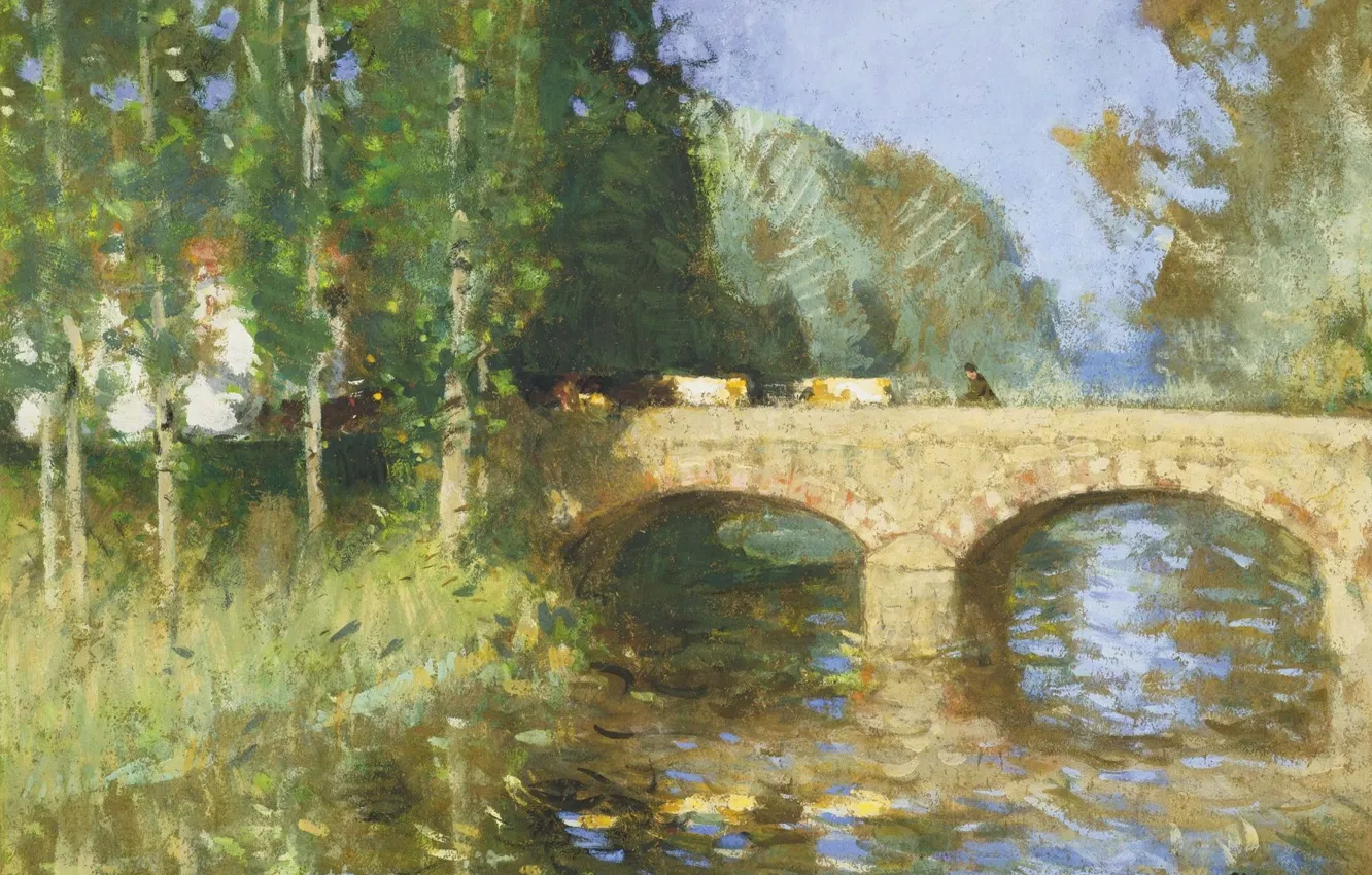 Photo wallpaper landscape, picture, Pierre Eugène Montesin, Pierre-Eugene Montezin, The bridge over the River