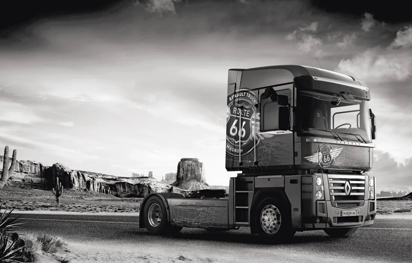 Photo wallpaper road, rocks, vegetation, desert, truck, Renault, cacti, Route 66