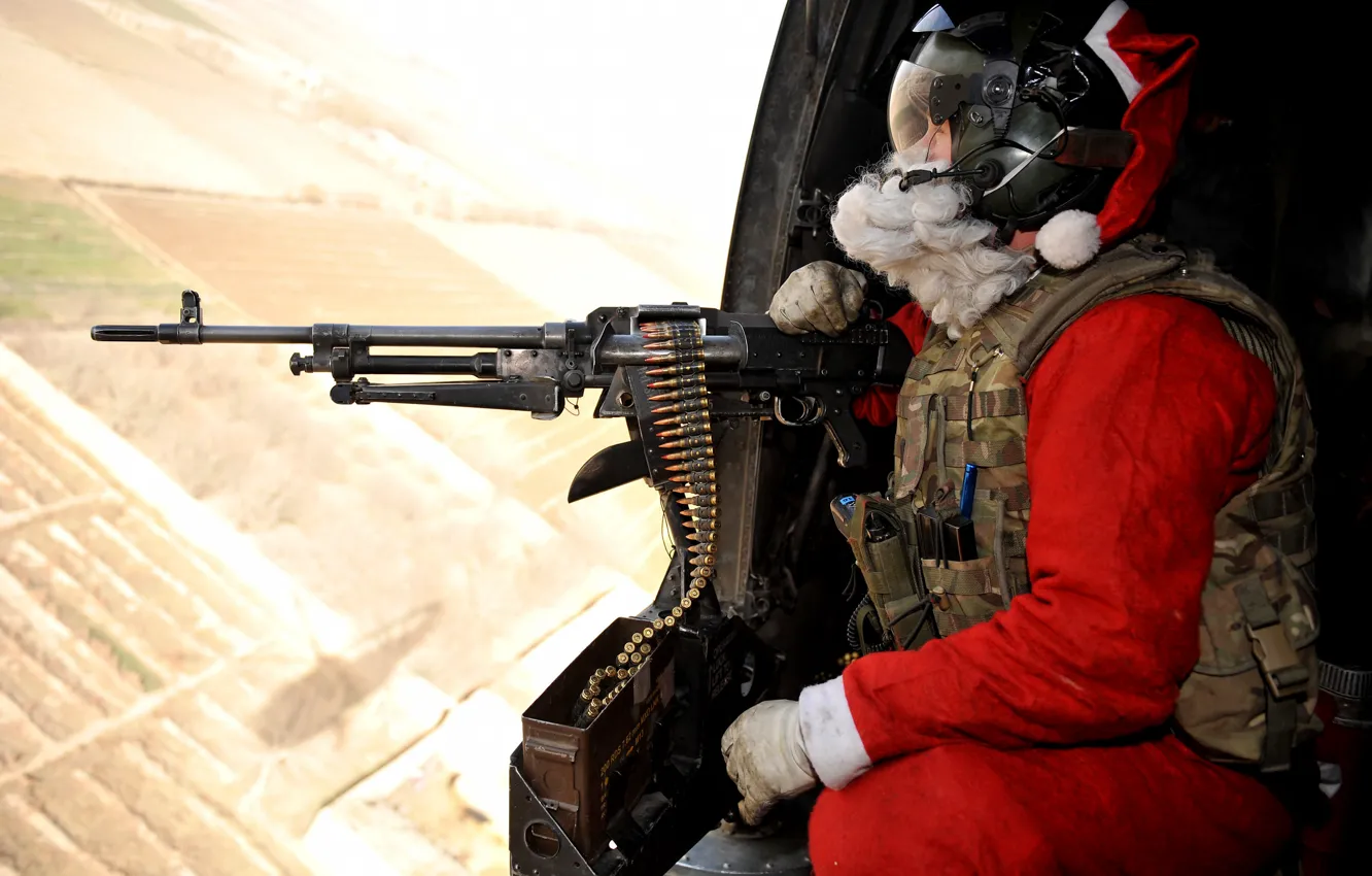 Photo wallpaper flight, weapons, soldiers, helicopter, machine gun, Santa Claus, tape cartridges