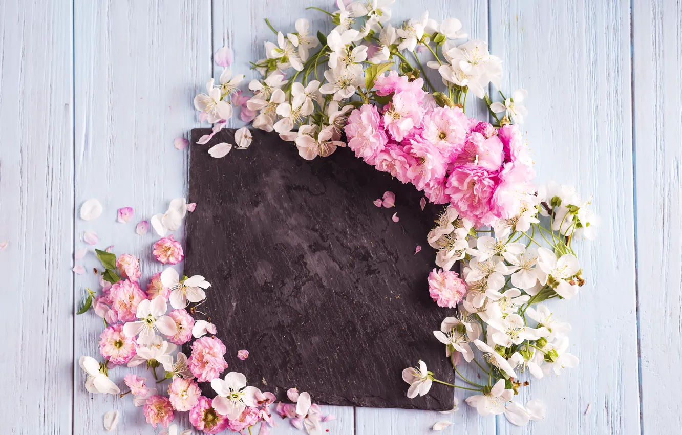 Photo wallpaper flowers, spring, pink, white, wood, pink, blossom, flowers