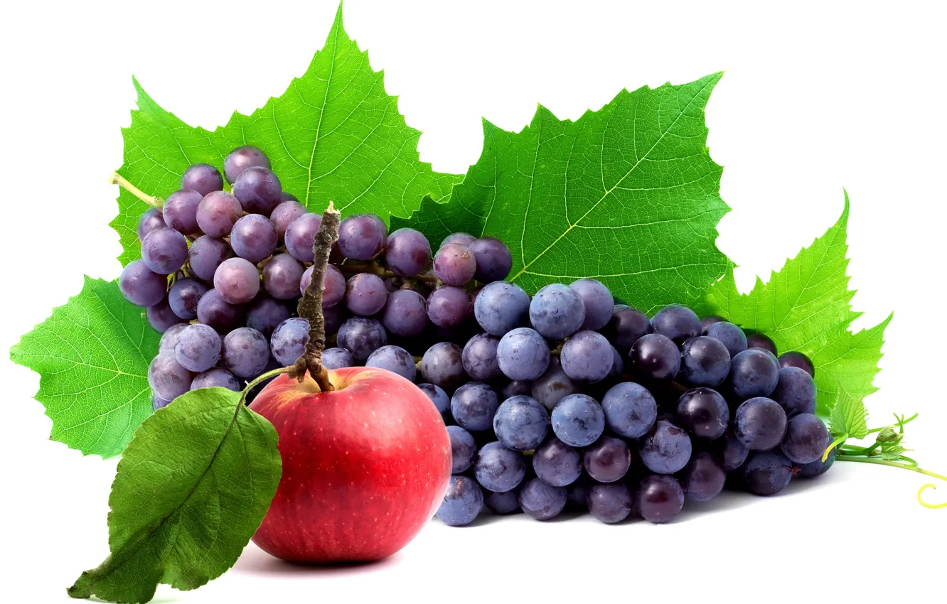 Photo wallpaper leaves, apple, Apple, berry, grapes, bunch, white background, grapes