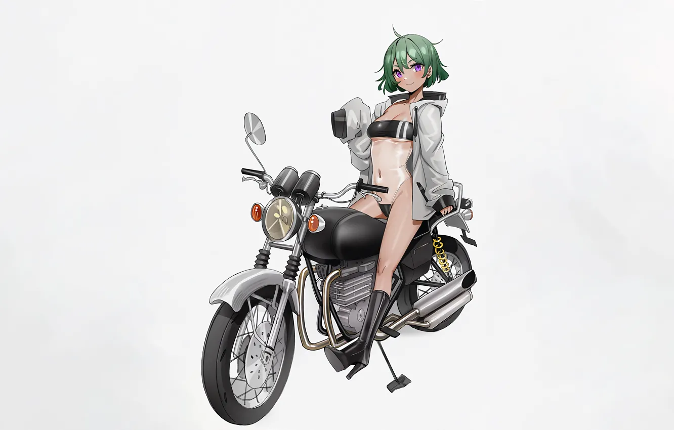 Photo wallpaper girl, sexy, cleavage, boobs, anime, beautiful, motorcycle, short hair