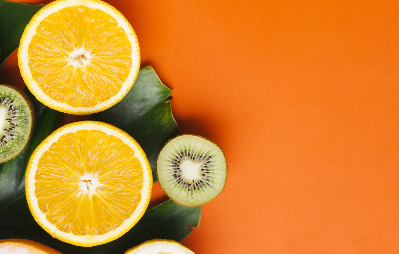 Photo wallpaper leaves, background, orange, kiwi