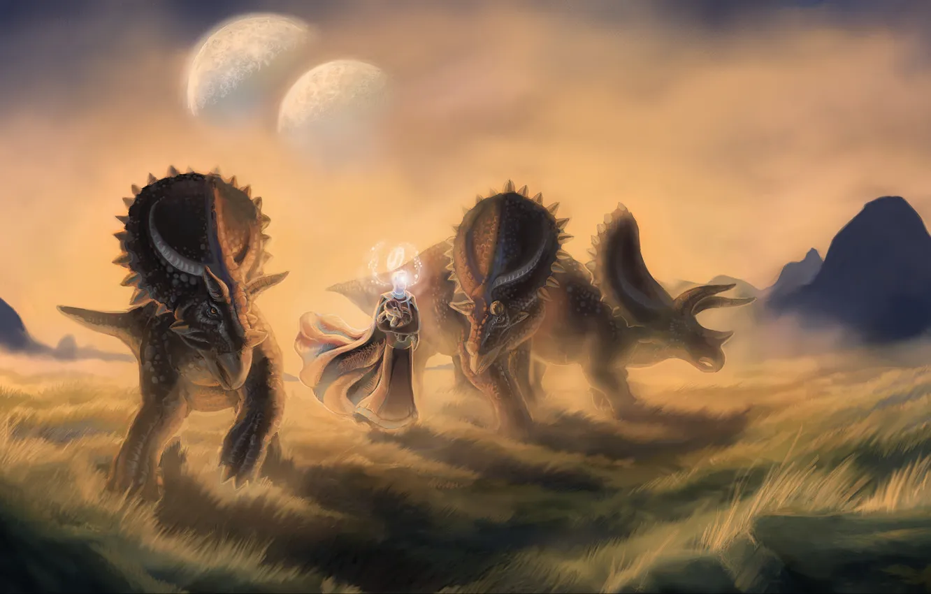 Photo wallpaper field, grass, rocks, planet, dinosaur, being, art, haze