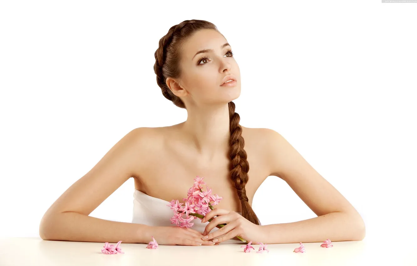 Photo wallpaper girl, flowers, hair, white background, braid