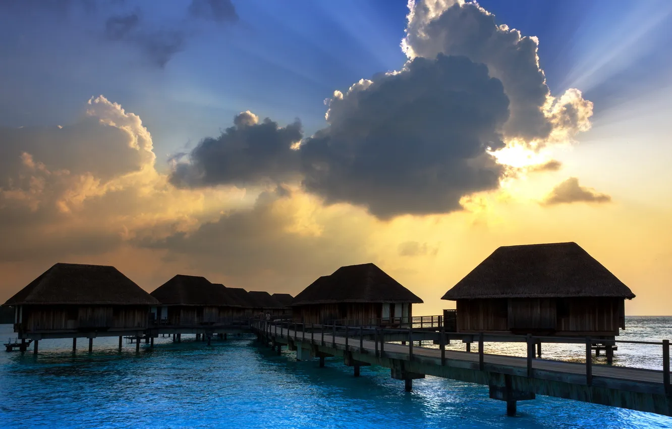 Photo wallpaper sea, landscape, sunset, bridge, home