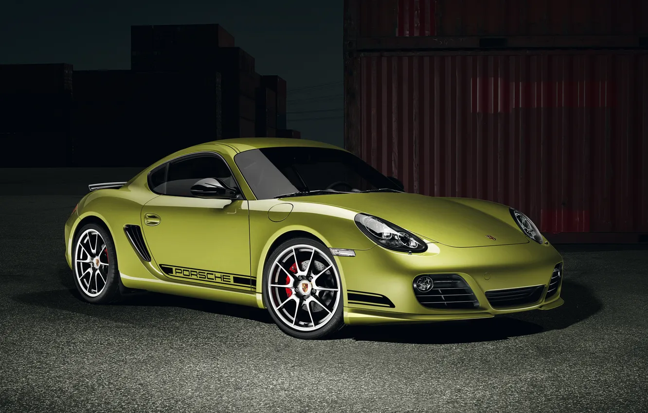 Photo wallpaper auto, asphalt, green, Porsche, Cayman