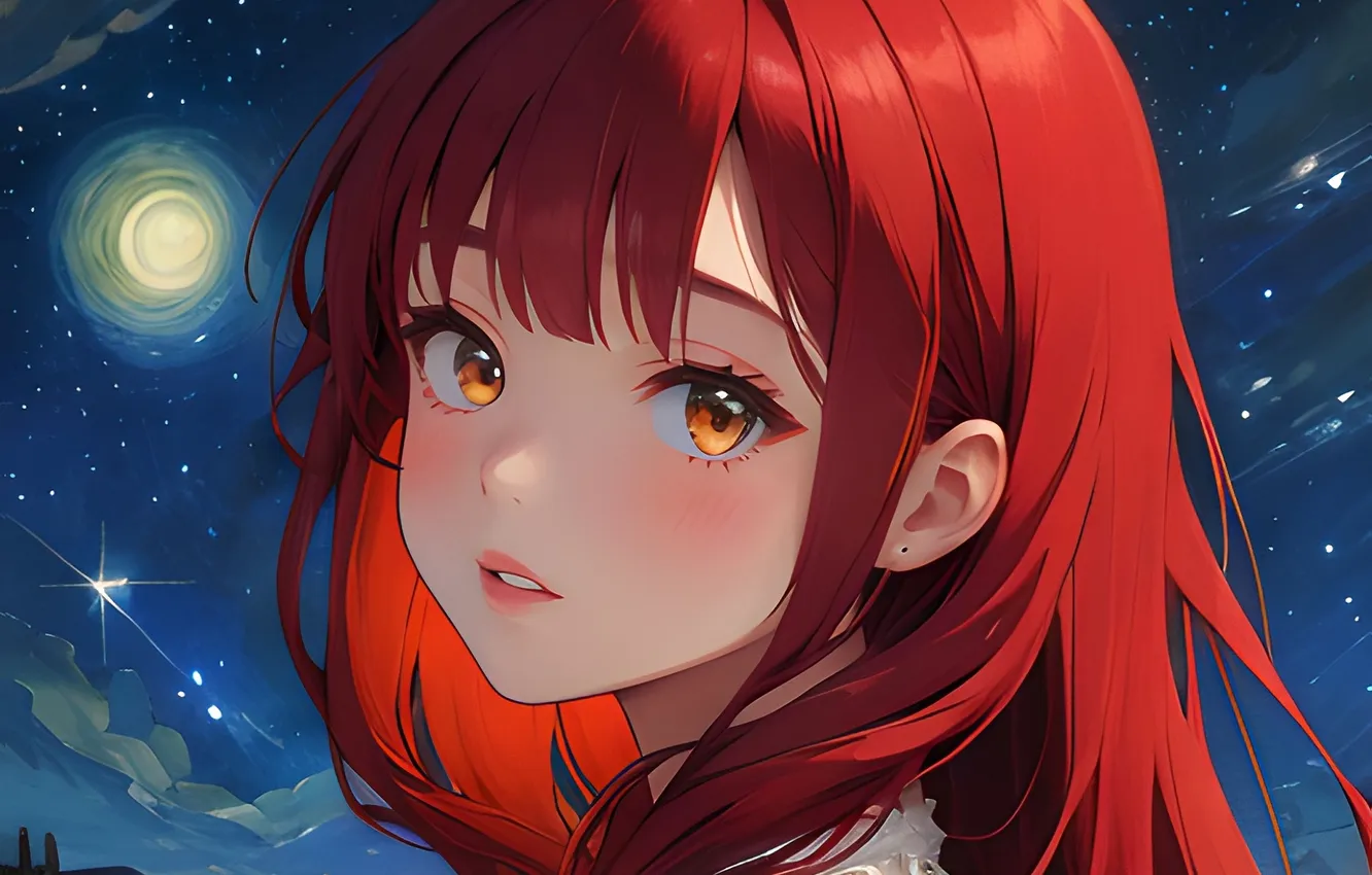 Photo wallpaper girl, the full moon, red hair, sideways, starry night sky, by Sunday Wang