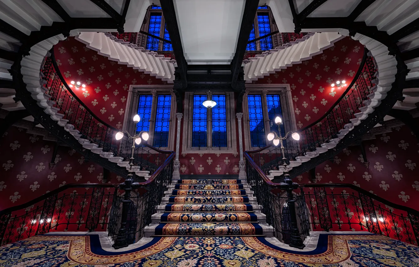 Photo wallpaper lights, wallpaper, London, England, architecture, stairs, carpet, St Pancras Renaissance Hotel