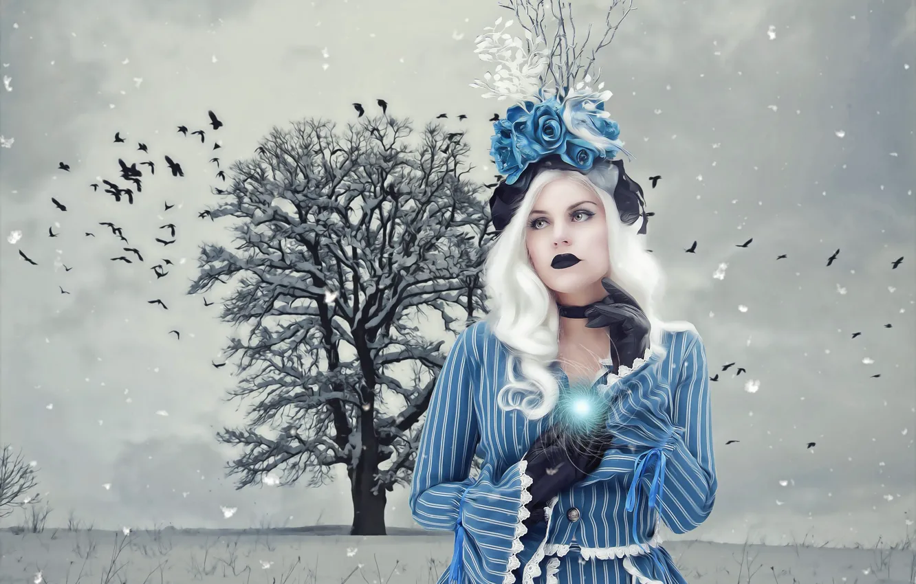 Photo wallpaper winter, frost, field, girl, snow, landscape, birds, blue