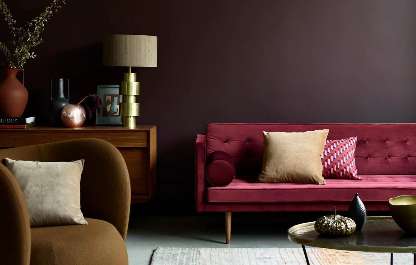 Photo wallpaper design, style, lamp, interior, chair, sofa, living room, Color trends of the 2023 year