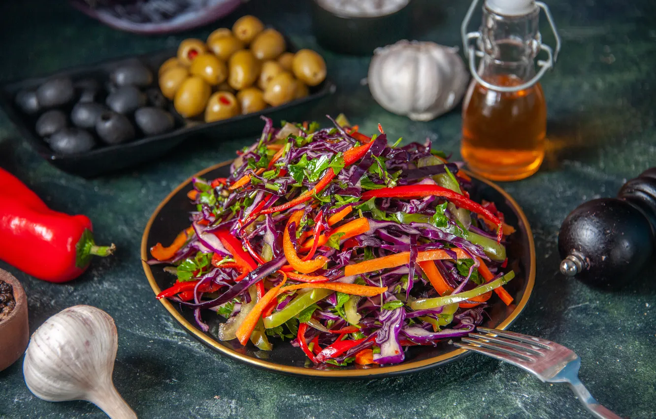 Photo wallpaper plate, table, food, submission, vegetables, salad