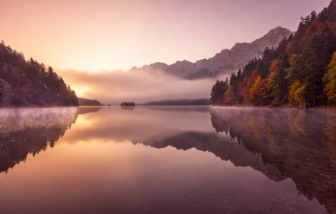 Photo wallpaper autumn, fog, lake, morning, Germany, Alps