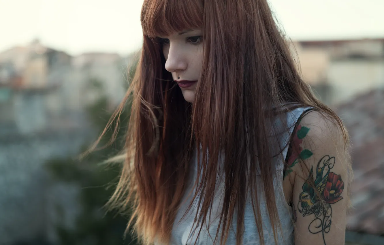 Photo wallpaper girl, blouse, woman, mood, tattoo, piercing, female, flow