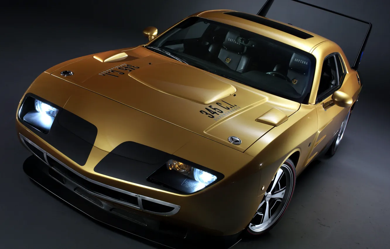 Photo wallpaper lights, Dodge, Challenger, muscle car, Golden, the front, Muscle car, daytona