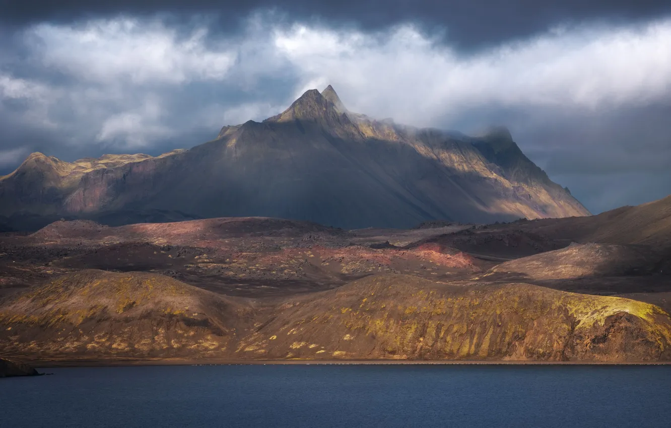 Photo wallpaper clouds, lake, mountain, haze, Patrick, picturesque landscape, The Icelandic scene, Icelandic scene