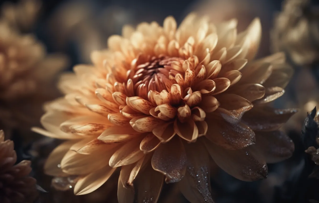 Photo wallpaper drops, macro, light, flowers, yellow, petals, cream, chrysanthemum