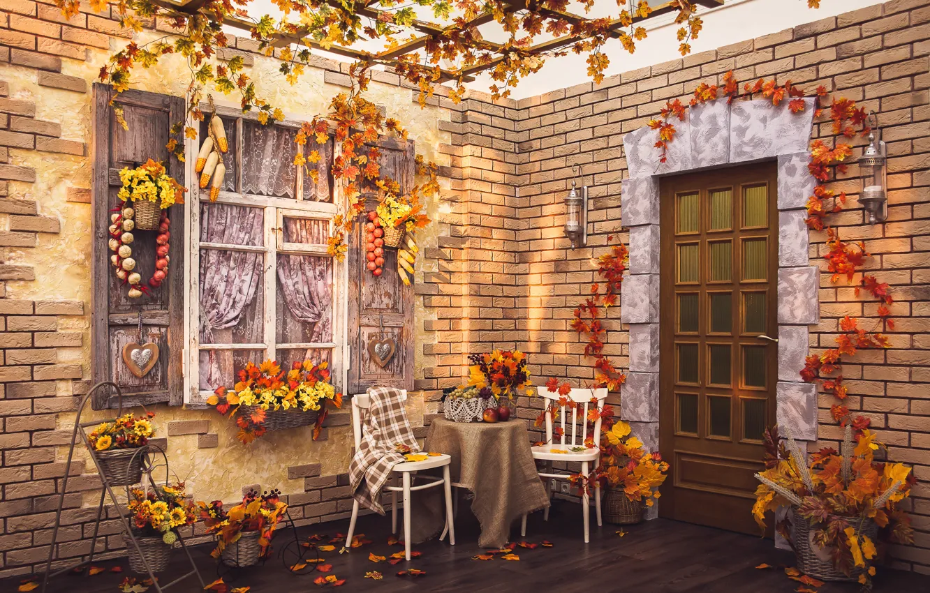 Photo wallpaper autumn, leaves, design, table, window, autumn, Interior