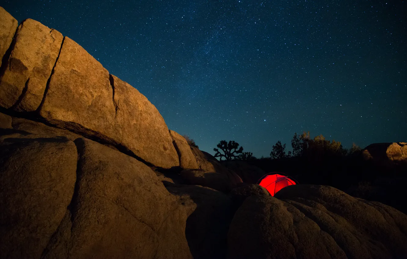 Photo wallpaper night, rocks, tent, the milky way, Milky Way, Joshua Tree National Park