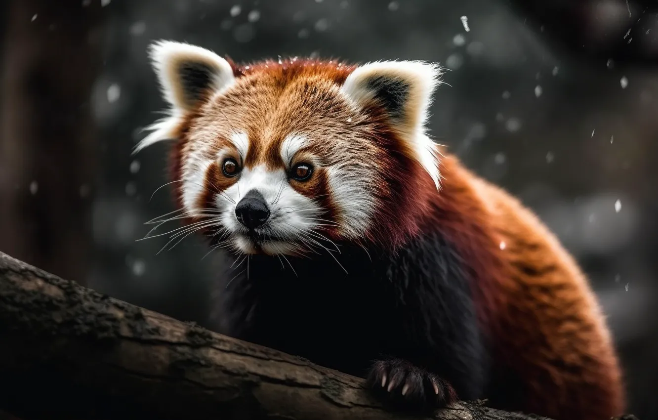Photo wallpaper winter, look, nature, pose, portrait, red Panda, log, face