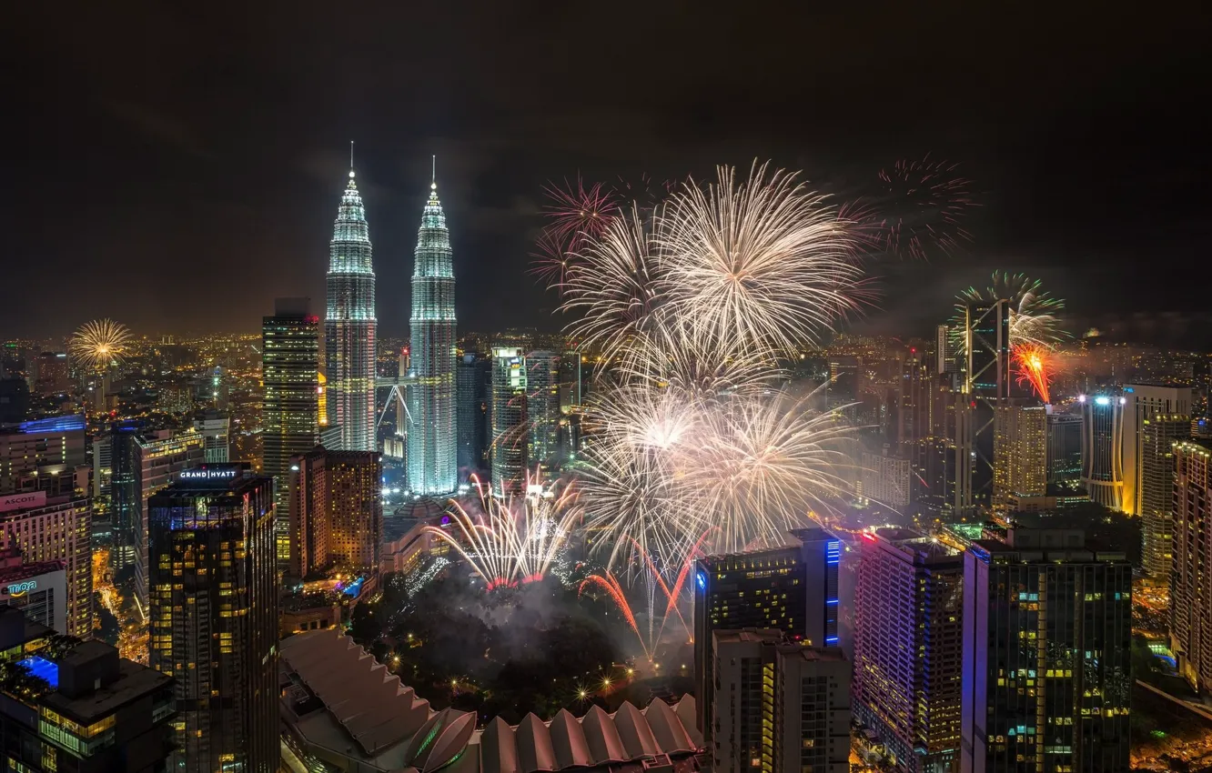 Photo wallpaper night, the city, holiday, tower, Malaysia, fireworks, Kuala Lumpur