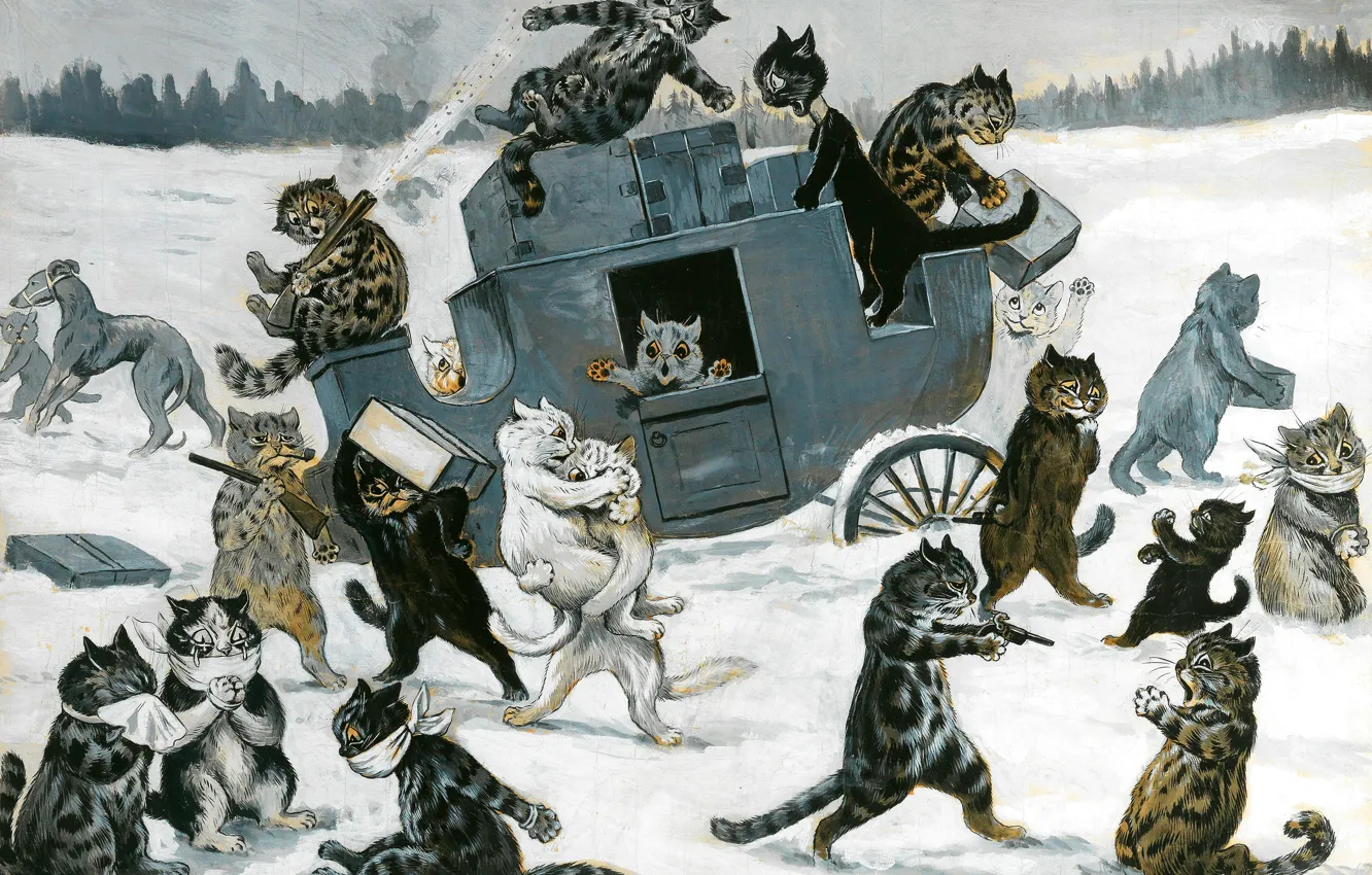 Photo wallpaper winter, cat, snow, picture, coach, English artist, Louis William Wain, Louis William Wayne