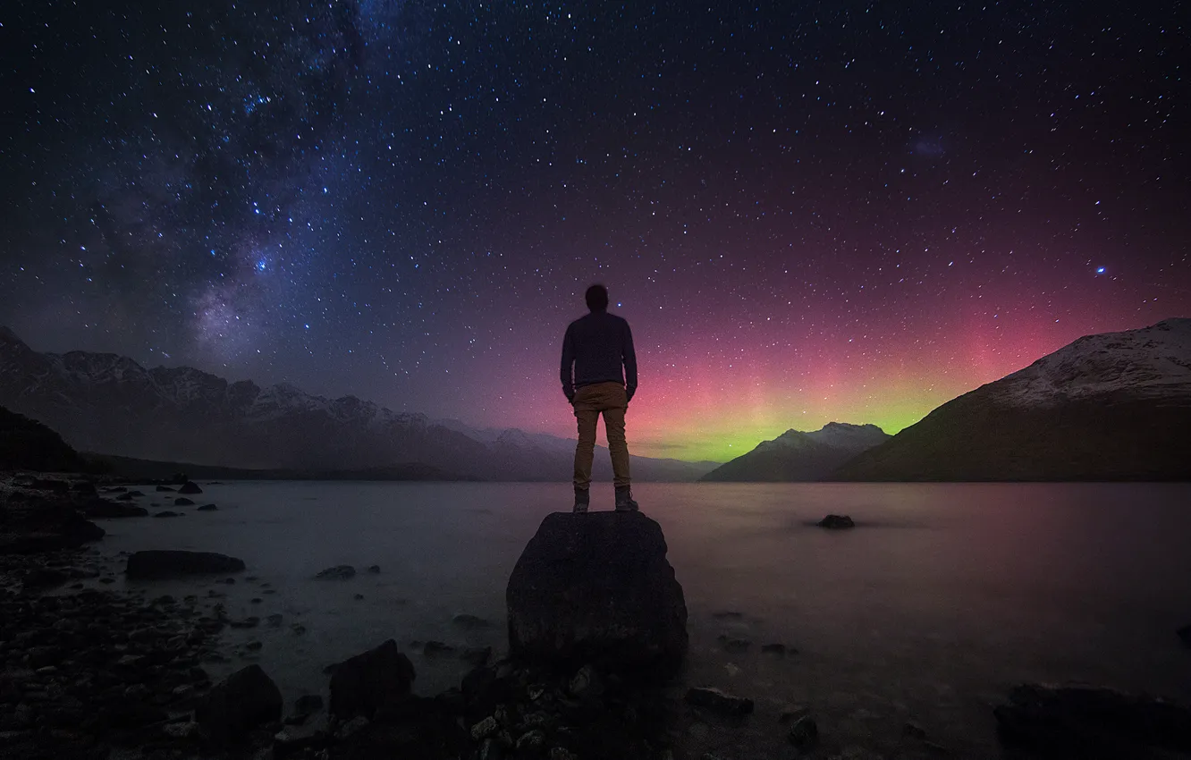 Photo wallpaper stars, landscape, mountains, stones, people, New Zealand, The milky way, reflections