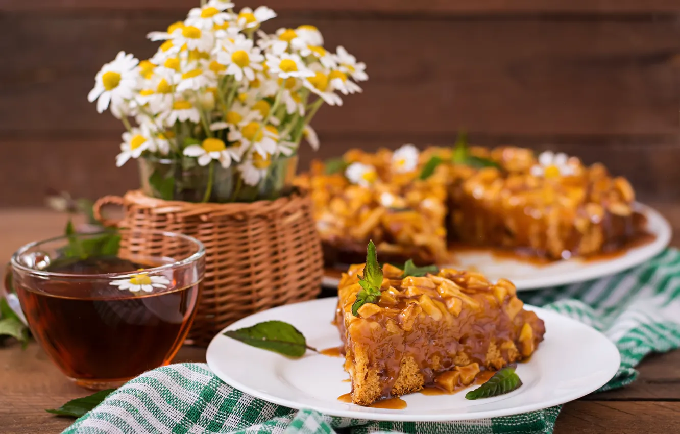 Photo wallpaper tea, pie, caramel, Apple, Timolina