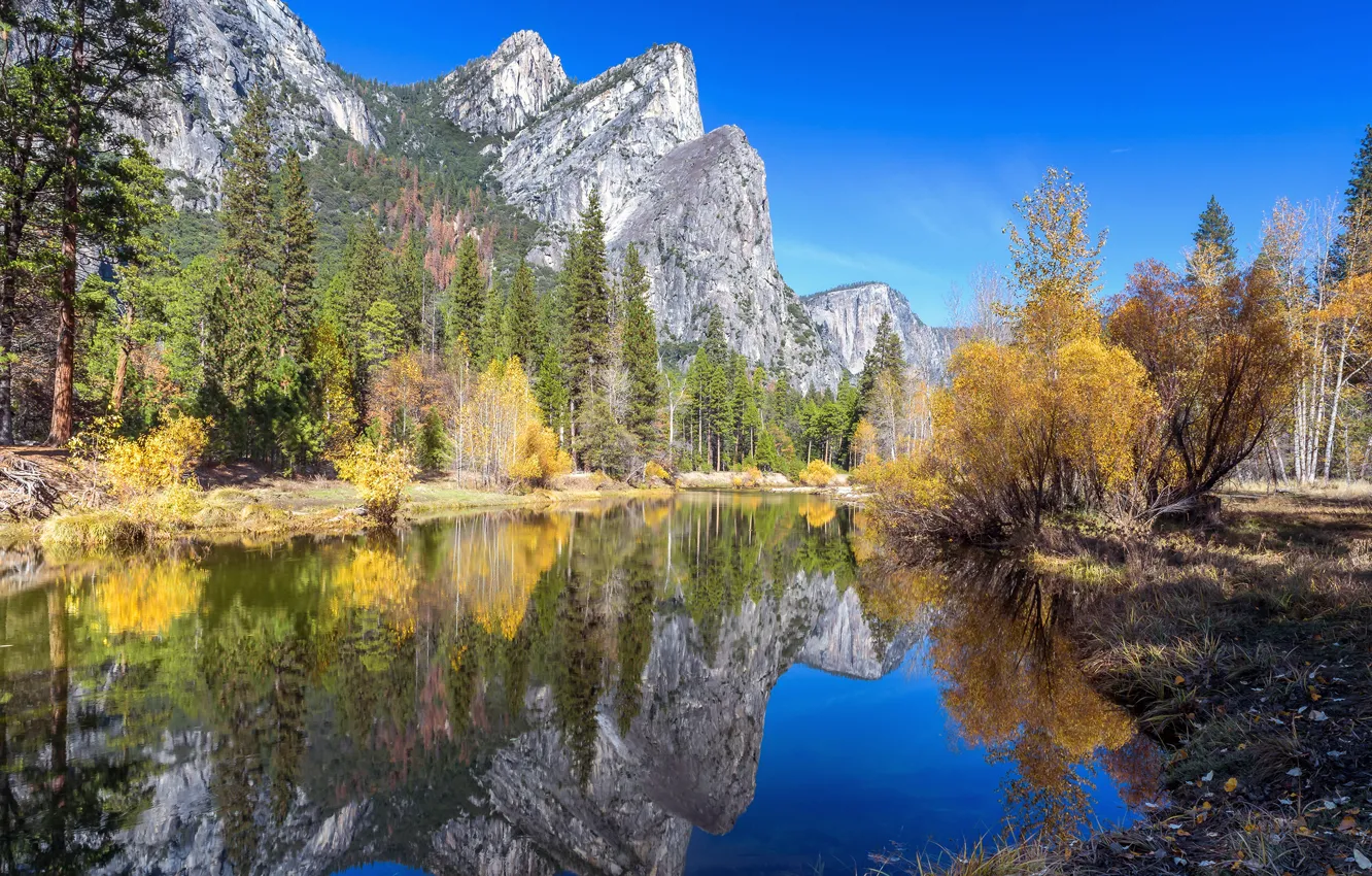 Photo wallpaper autumn, forest, water, trees, mountains, reflection, rocks, CA