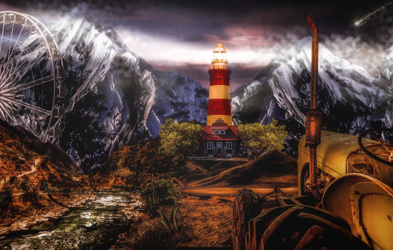 Photo wallpaper mountains, lighthouse, wheel, art, comet, tractor