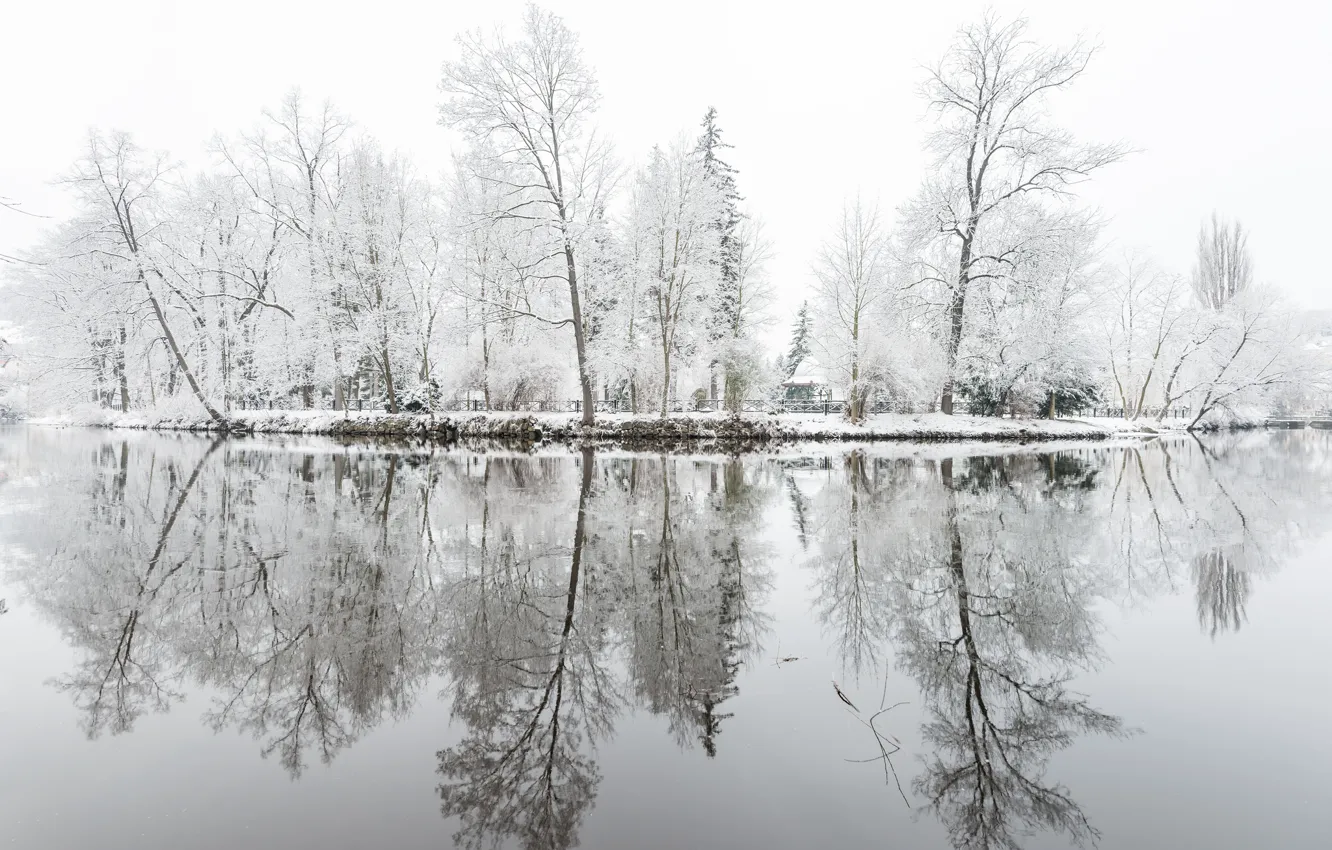Photo wallpaper winter, frost, trees, lake, Park, reflection