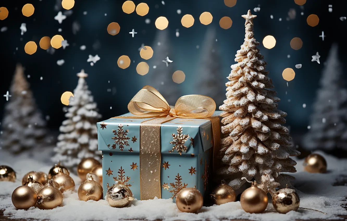 Photo wallpaper winter, snow, decoration, snowflakes, gift, balls, new year, Christmas