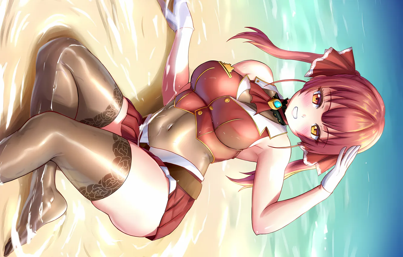 Photo wallpaper girl, sexy, cleavage, beach, blouse, thighhighs, long hair, legs