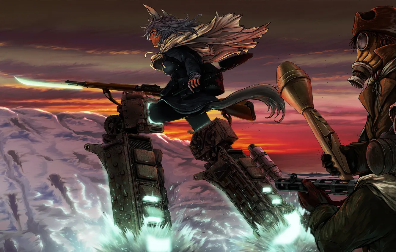 Photo wallpaper winter, girl, snow, weapons, robot, art, soldiers, tail