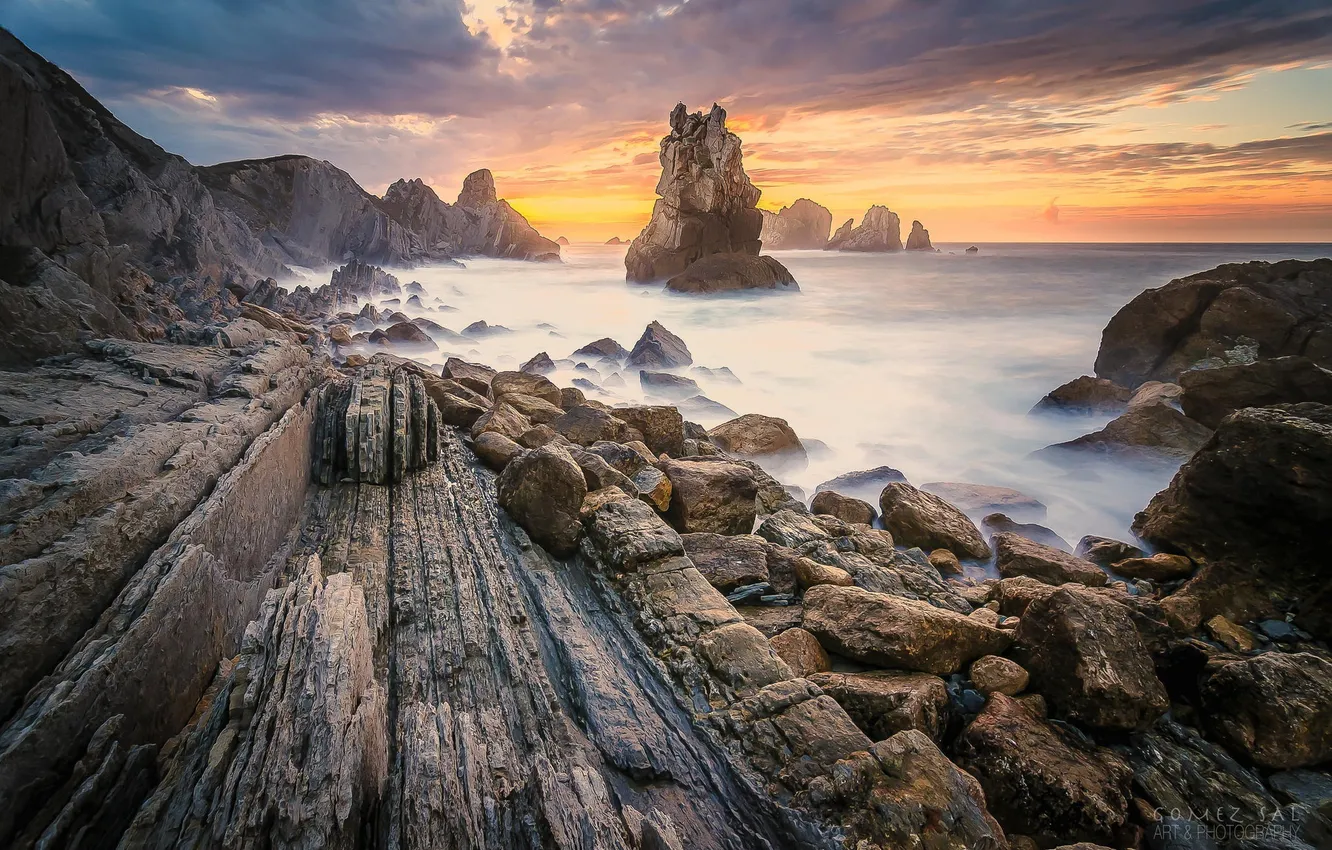Photo wallpaper landscape, sunset, the ocean, rocks