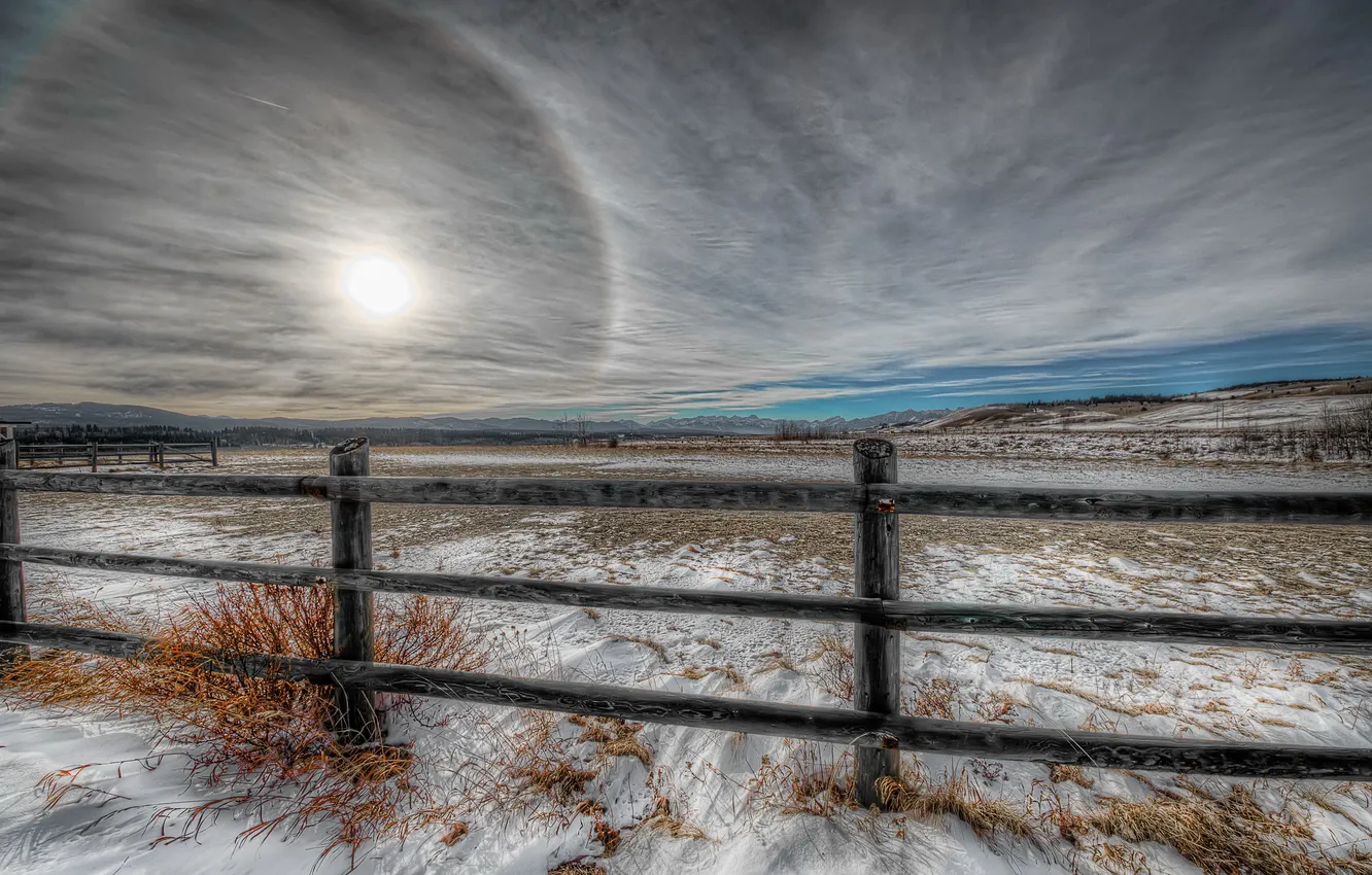 Photo wallpaper winter, field, landscape, the fence