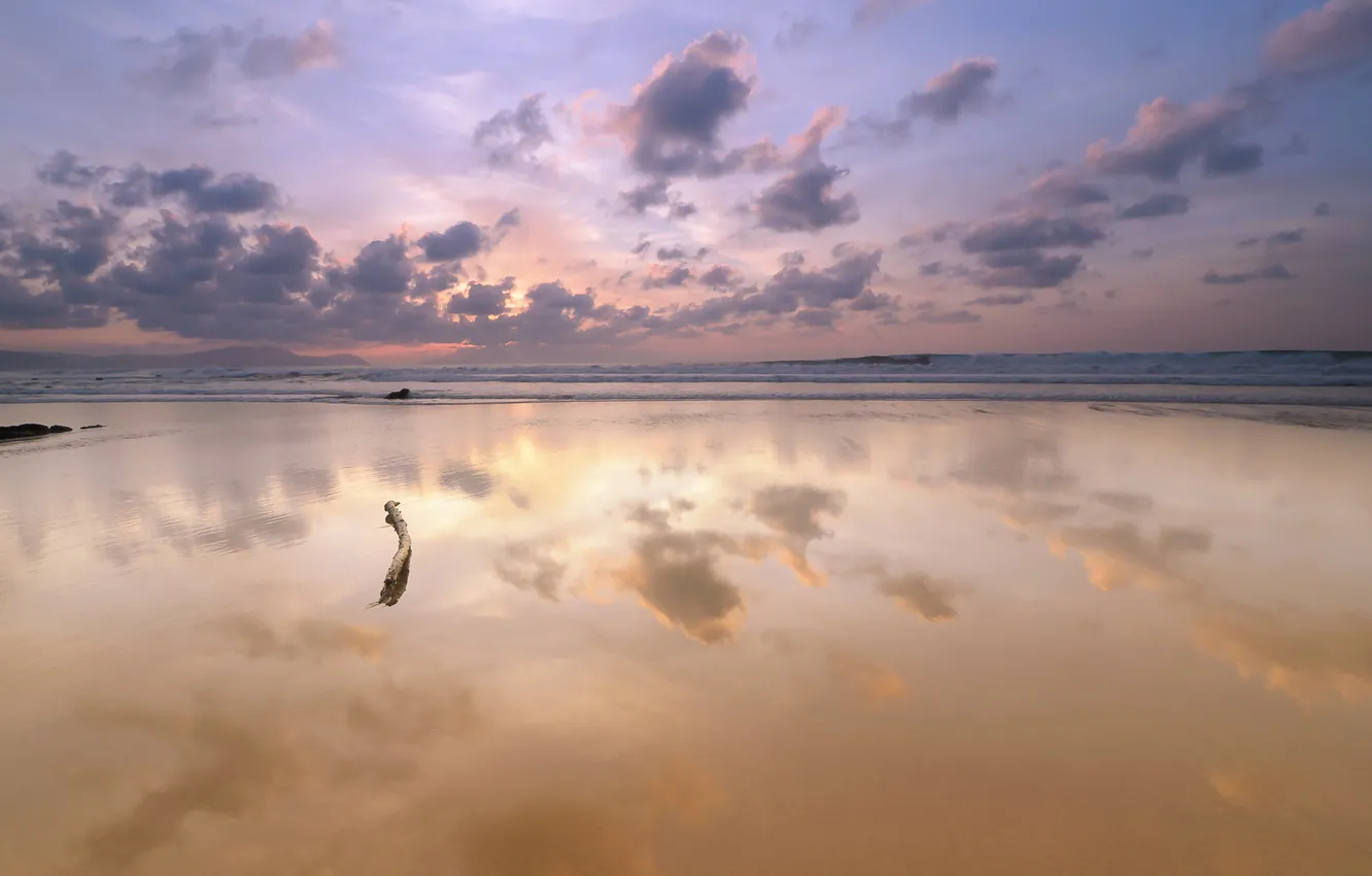 Photo wallpaper sea, the sky, clouds, reflection, dawn, shore