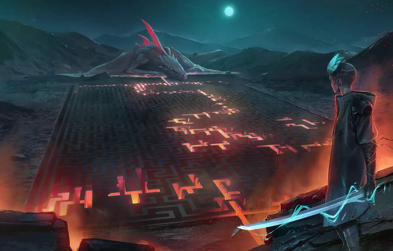 Photo wallpaper fire, moon, sword, fantasy, weapon, night, mountain, dragon