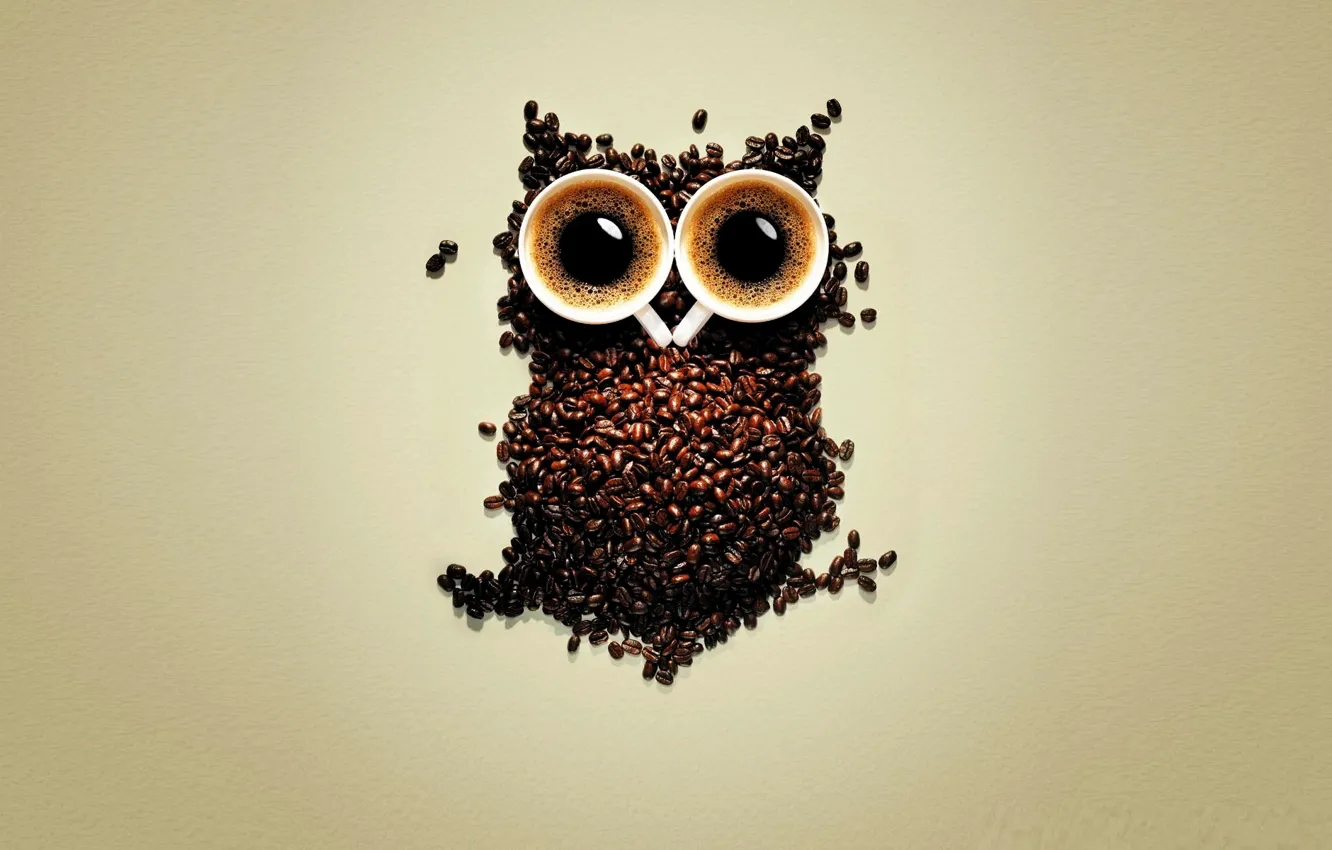 Photo wallpaper coffee, owl, coffee beans, cups of coffee