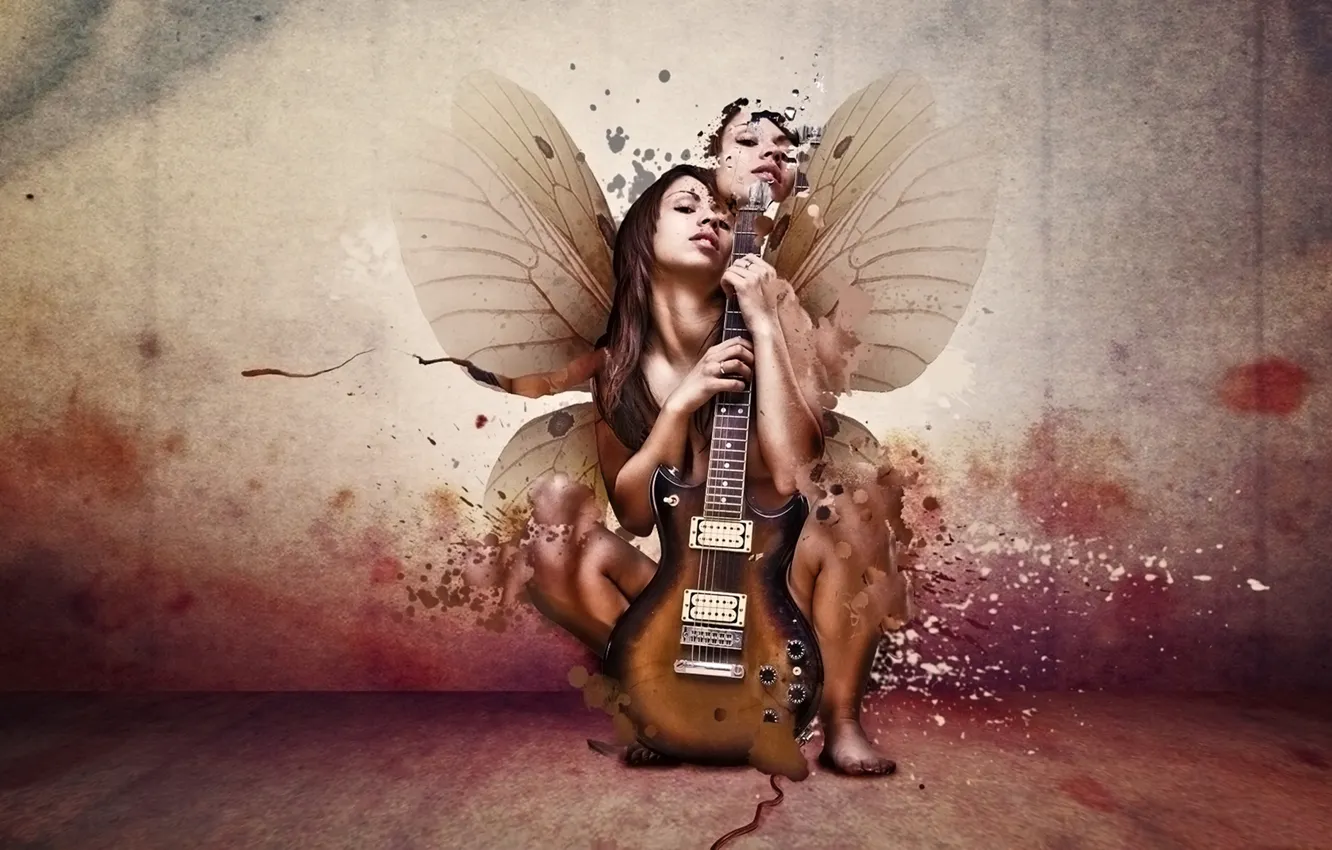 Photo wallpaper girl, guitar, wings