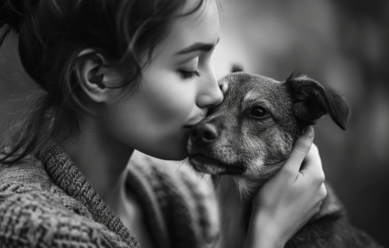 Photo wallpaper girl, pose, each, kiss, dog, hands, weasel, face