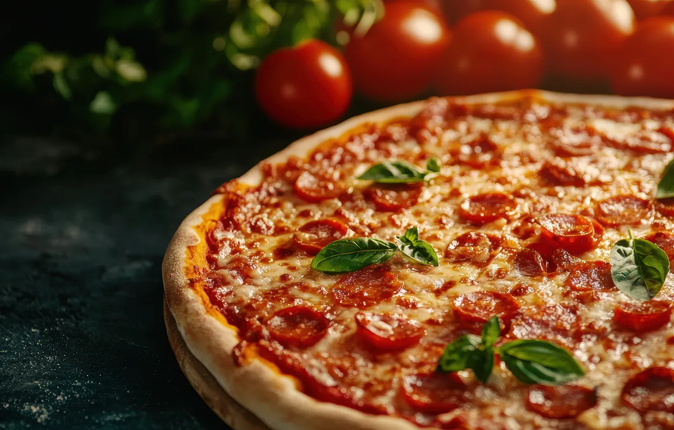 Photo wallpaper table, cheese, pizza, tomatoes, Basil, AI art, neural network