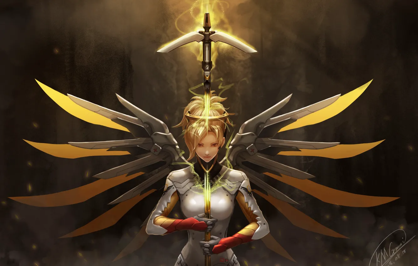 Photo wallpaper girl, weapons, wings, overwatch, mercy, kmgmai