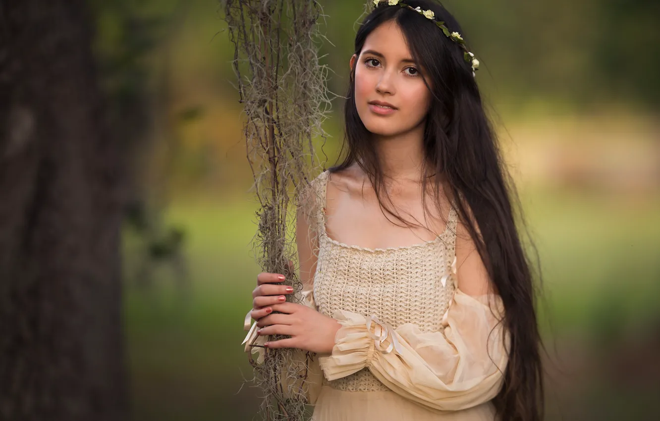 Photo wallpaper summer, girl, trees, flowers, branches, portrait, dress, brunette