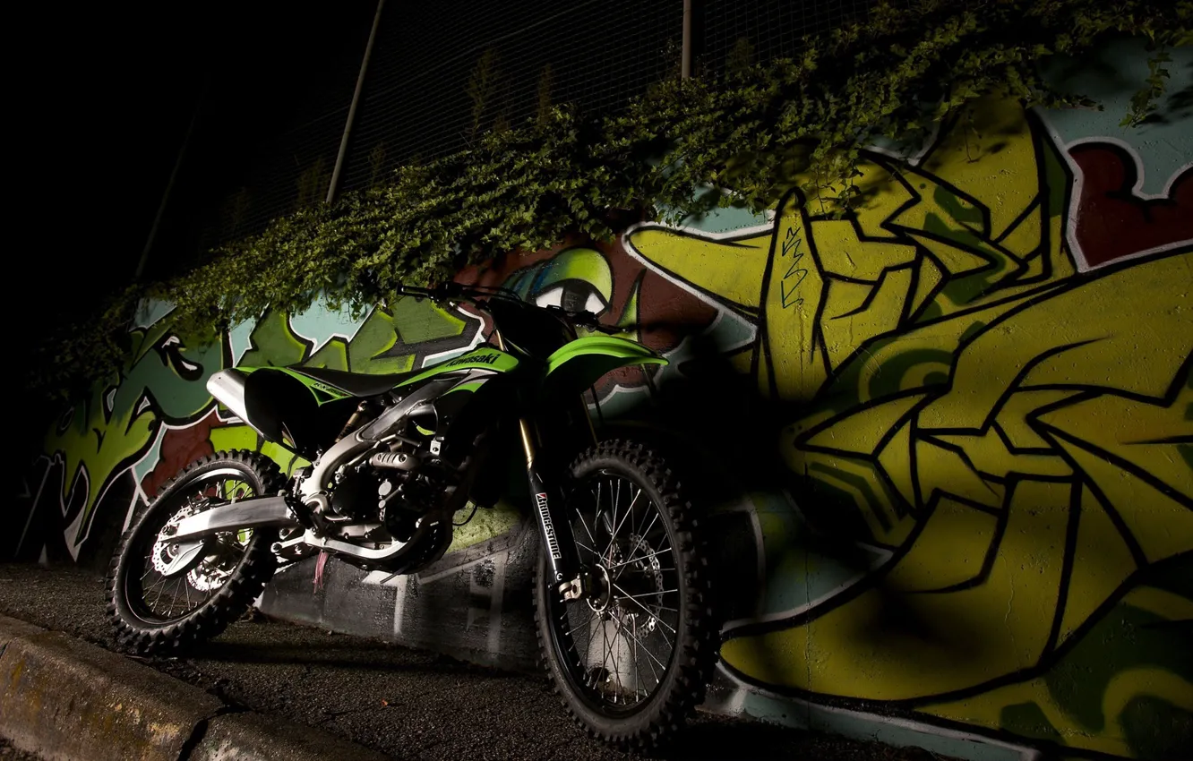 Photo wallpaper Night, Graffiti, Motorcycle, Kawasaki