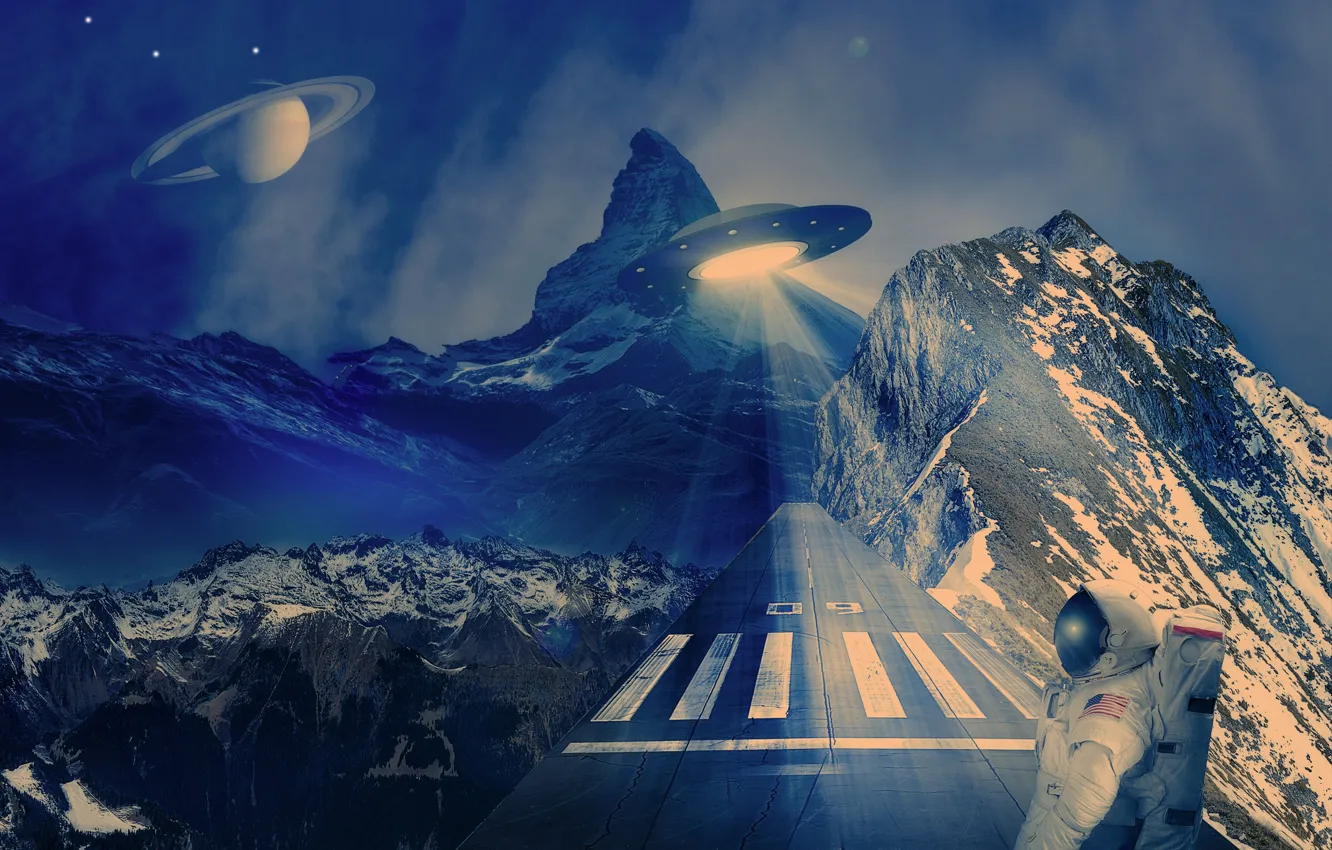 Photo wallpaper rays, landscape, mountains, planet, UFO, astronaut, alien, pyramid