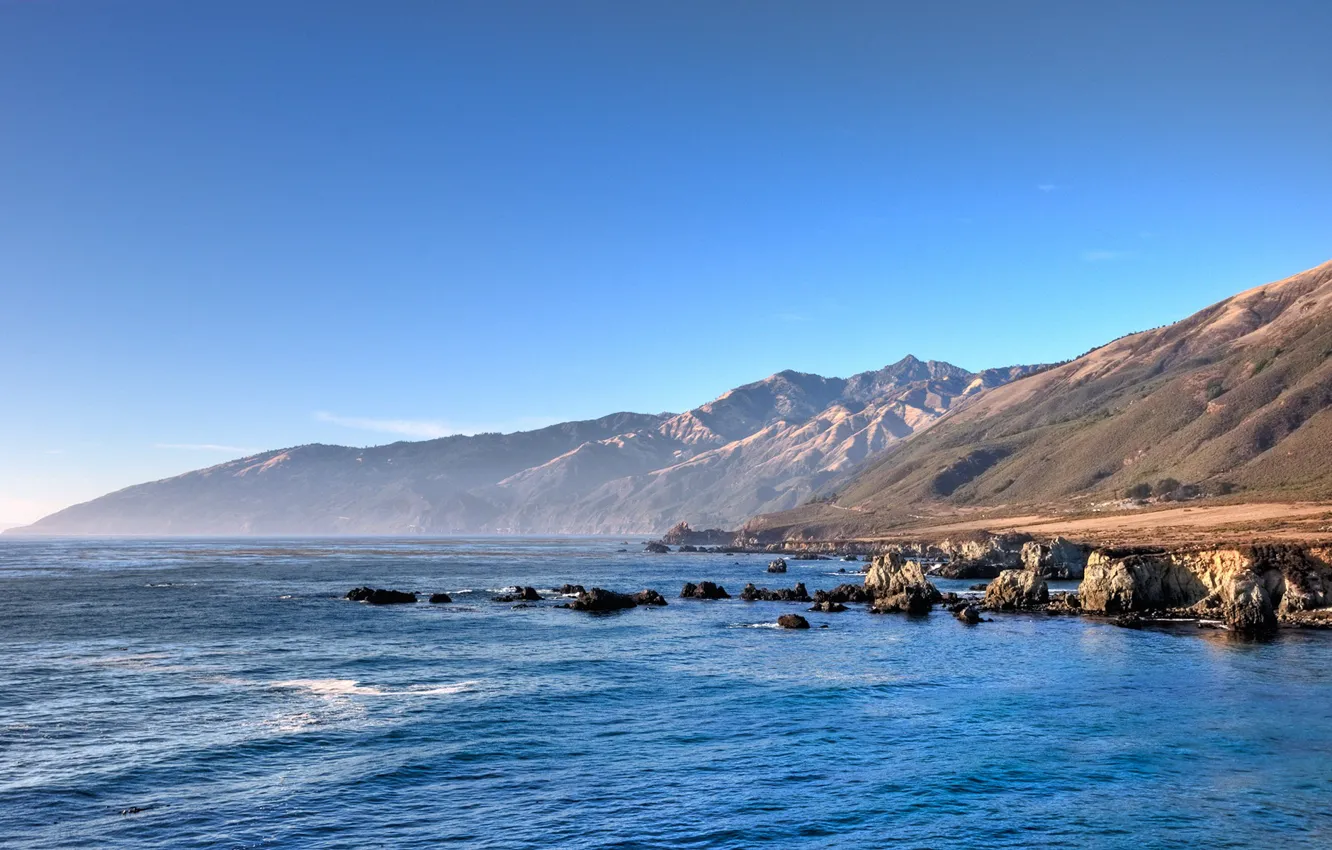 Photo wallpaper the sky, water, mountains, blue, the ocean, CA, the coast