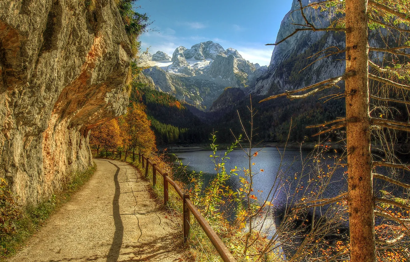 Photo wallpaper autumn, trees, mountains, river, open, hills, the fence, handrails